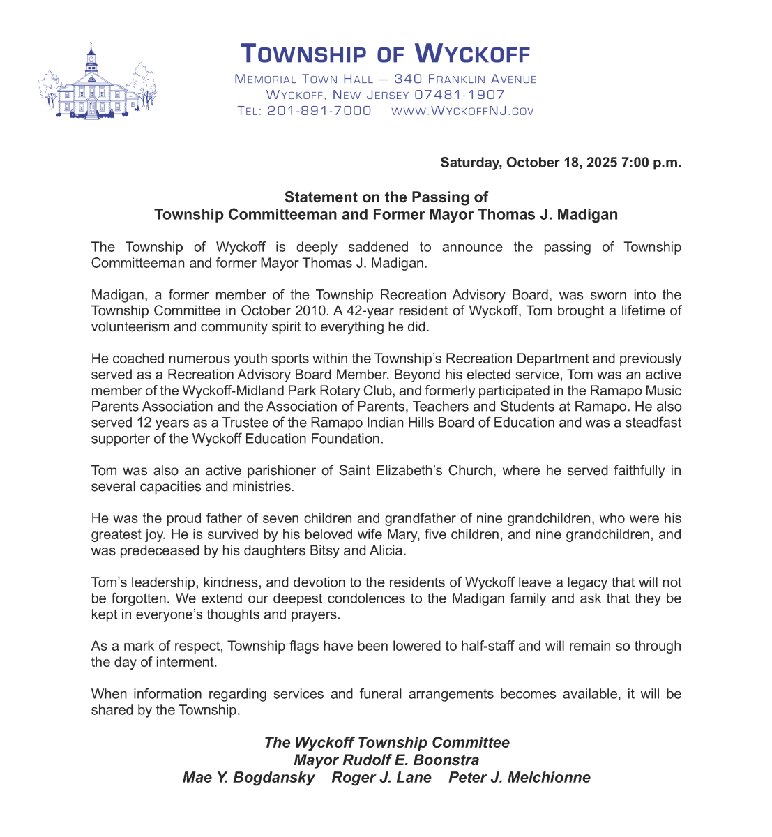 Statement from the Township Committee